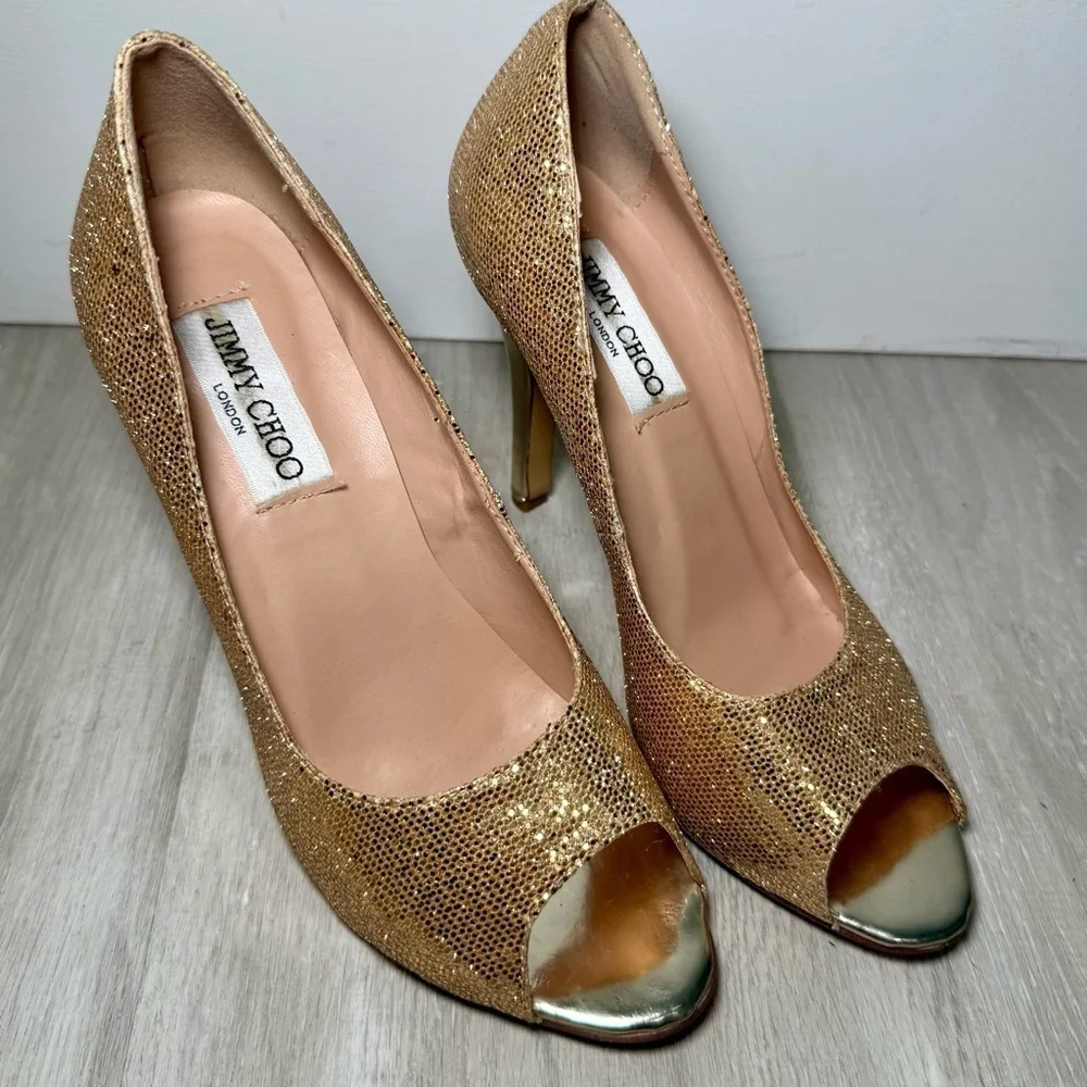 Jimmy Choo Gold Glitter Peep Toe Pumps Women’s EU 38 US 7.5 Stiletto Heels